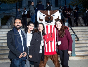 Fulbright grantees pose with the mascot at UW Madison