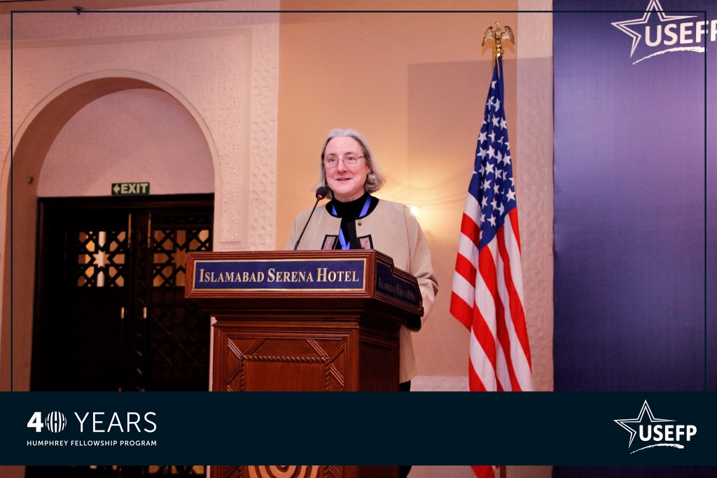Guest of honor, Minister Counselor for Public Affairs at the U.S. Embassy, Ms. Lisa Heller, speaking about the advantages of the Humphrey Fellowship program