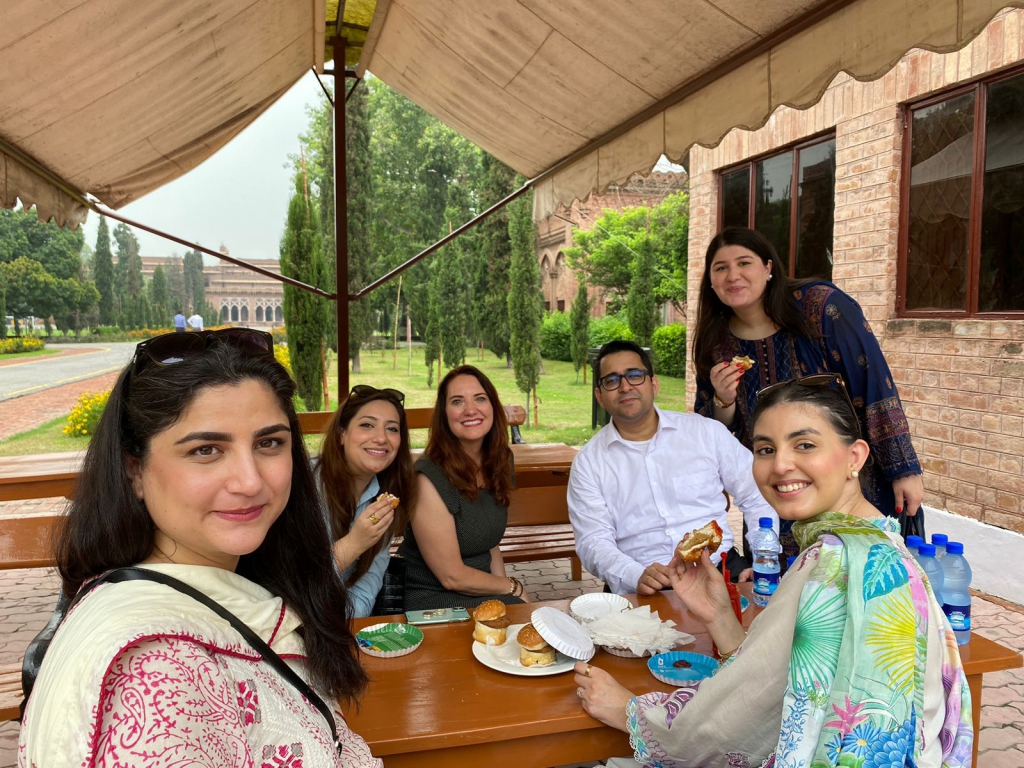 Bauer, flanked by the Team EdUSA, visits Aitchison College in Lahore.