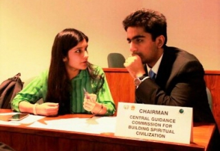 Taken at Model United Nations conference, Khizrah is in discussion with fellow delegate to see if a consensus can be reached on the topic proposed by the committee. Model UN public speaking were my primary extra-curricular activities through her O and A levels.