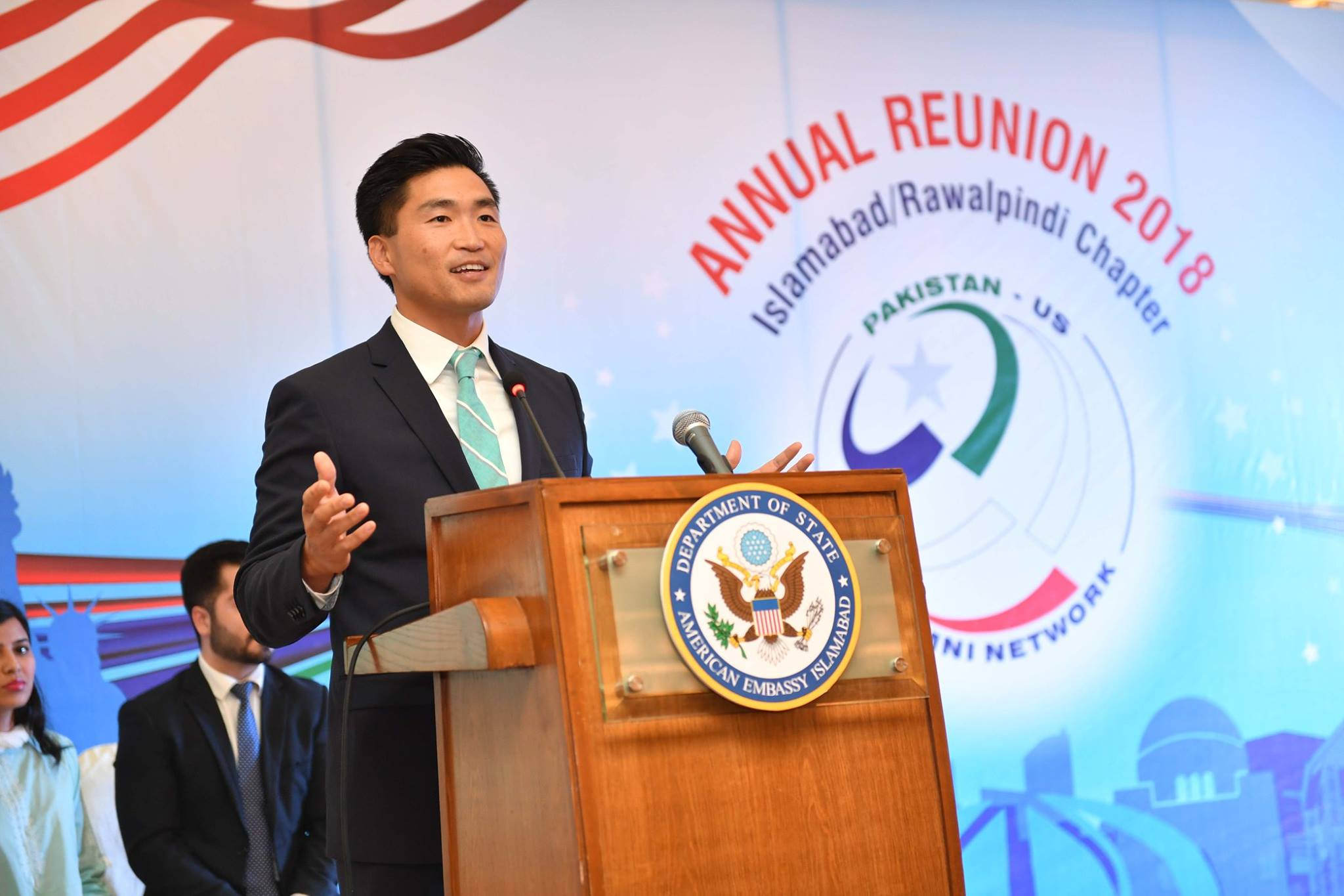 U.S. Public Diplomacy Officer, Yoon Nam, addressing the participants of the Islamabad reunion