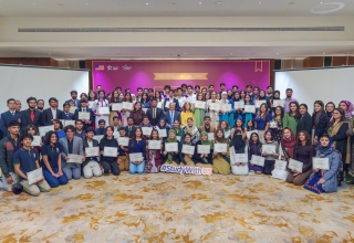 A group photo of students and counselors with the Ambassador and EdUSA staff in Islamabad